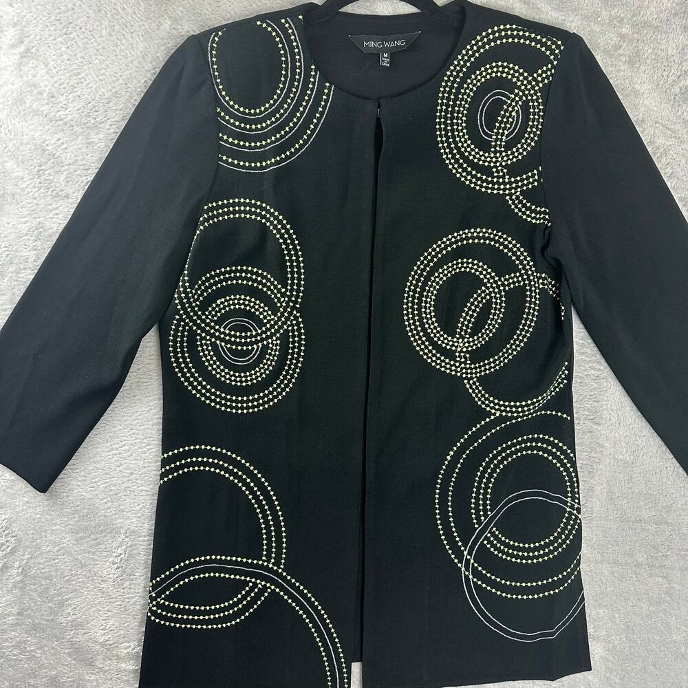 Ming Wang Jacket Cardigan Medium Black Abstract Embroidered Open Front Knit